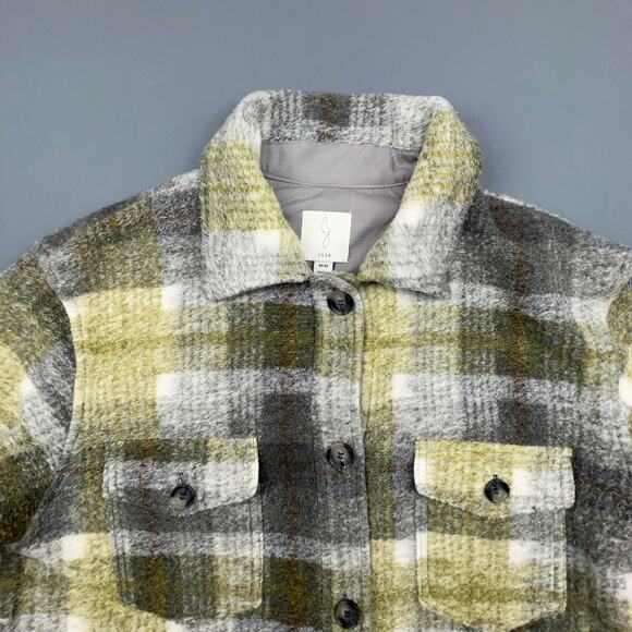 Joie Textured Plaid Shacket Jacket Medium Gray Green Yellow Cozy Fall Layer - Picture 3 of 7